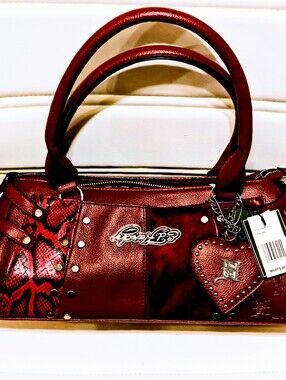 NWT RARE Ed Hardy Burgundy With Black Snake Skin Tote- Heart Charm Buckle Sides.
